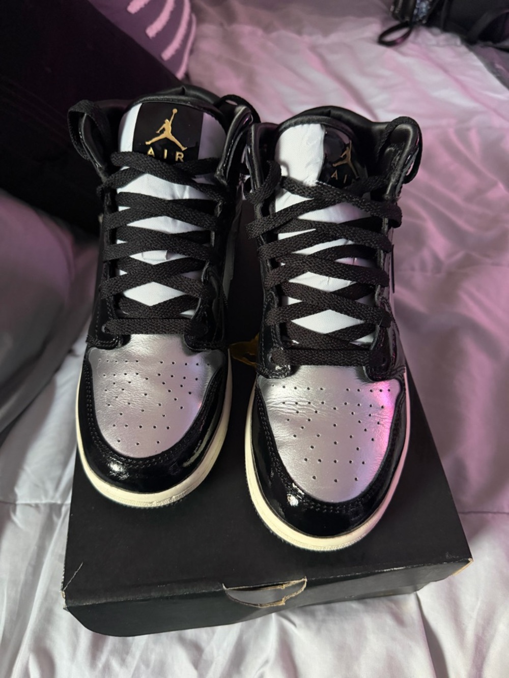 Nike Air Jordan 1 Mid Black & Metallic Silver Patent Sneakers youth size 6 - Picture 2 of 4